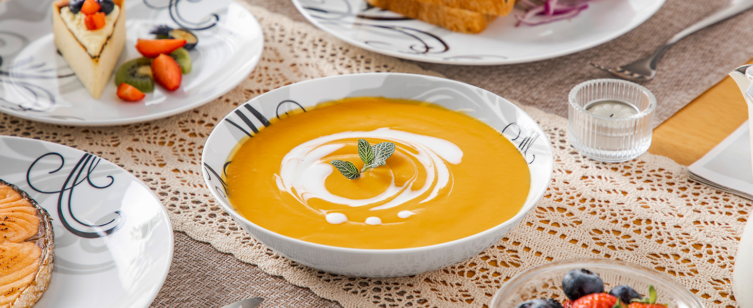 Набір посуду VEWEET 18 предметів на 6 осіб: тарілки, супові тарілки, десертні тарілки. Сучасний сервіз з порцеляни.