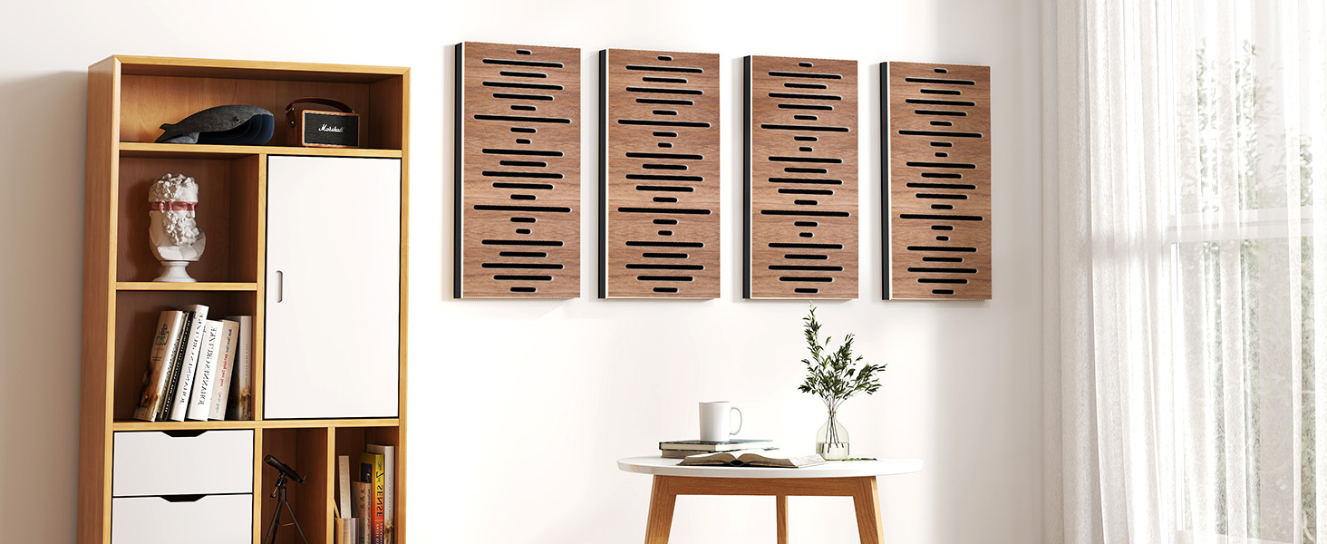 Акустичні панелі JBER для звукоізоляції стін, самоклеючі шумопоглинаючі плити з імітацією горіха (еліптичні лінії), 60×30×4.5 см, 4 шт. — для студії звукозапису та дому