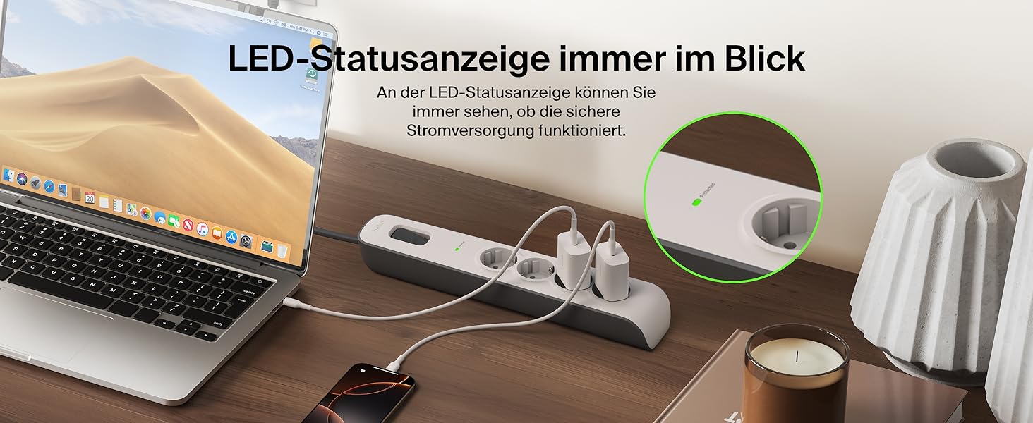 Мережевий фільтр Belkin з захистом від перенапруги, 6 розеток, 2 м кабель, 650 Дж, для дому та офісу