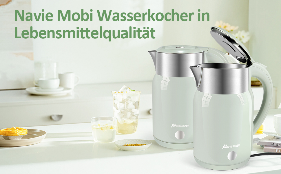 Navie Mobi Stainless Steel Electric Kettle - 1.8L, 2200W Fast Boiling, BPA-Free, Double-Walled, Drip-Free, Auto Shut-Off, Quiet & Cordless, SGS Certified, Turquoise Green