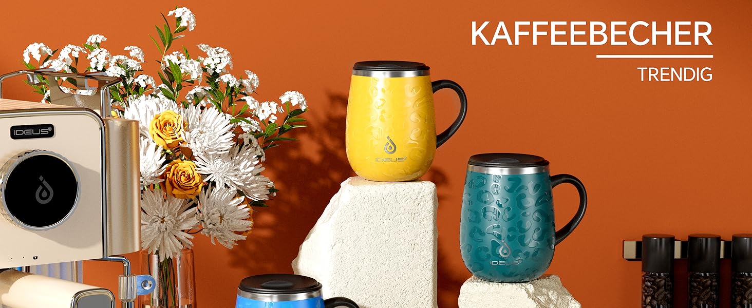 Кружка для кави та чаю Ideus 470 мл з подвійними стінками, з нержавіючої сталі, з нековзким ручним тримачем та кришкою-ковзаючою панеллю, великий об'єм (Трав'яний зелений) (Леопардовий жовтий)