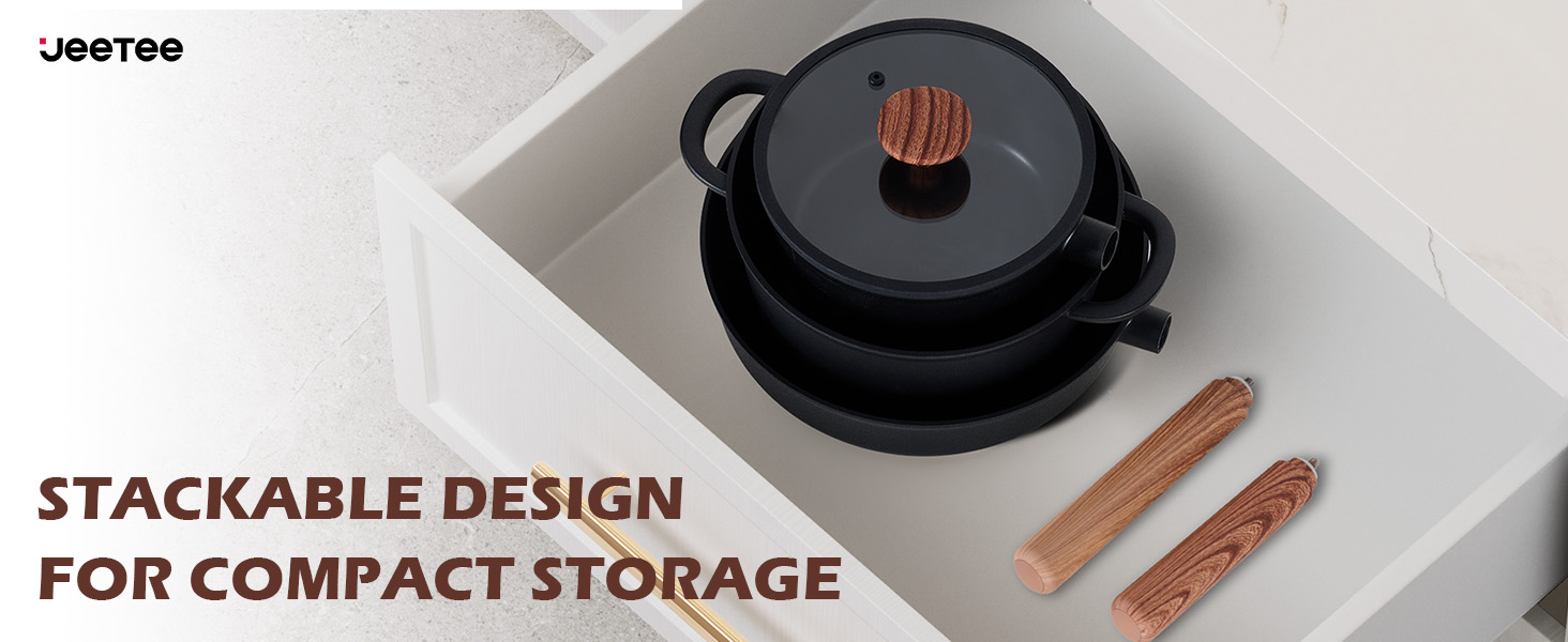 Набір посуду JEETEE 17 предметів з антипригарним покриттям Ceramic, набір каструль та сковорідок з знімними ручками, для всіх типів плит, сумісний з духовкою