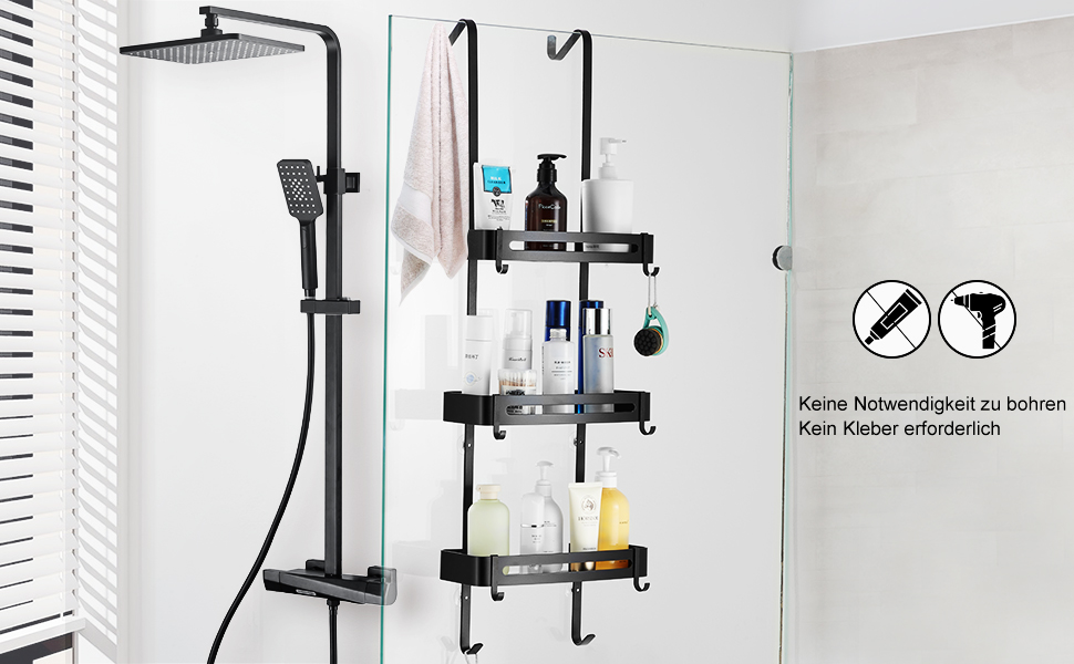 Двоярусна полиця для душу MOGFCT з гачками, з нержавіючої сталі, для ванної кімнати, чорна