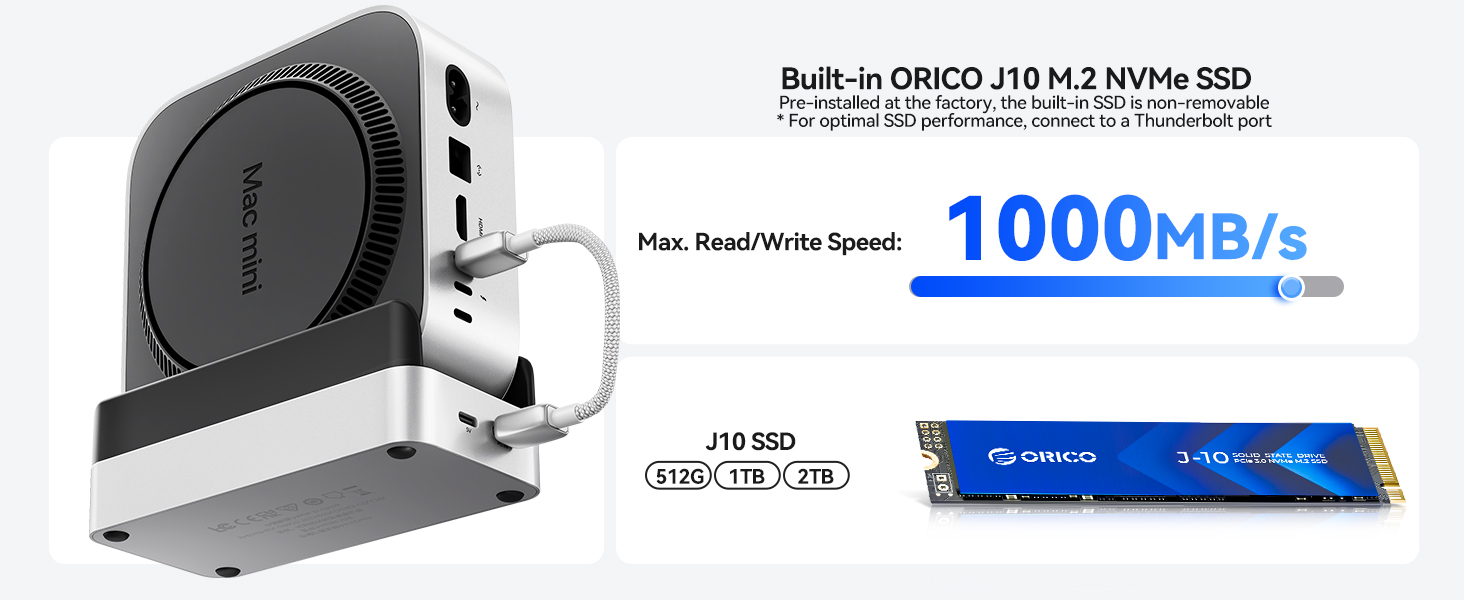 ORICO MiniDock: Док-станція та підставка для Mac mini M4/M4 Pro з корпусом для NVMe SSD, хаб USB-C з 4K HDMI, DisplayPort, SD/TF 3.0, USB-C/A 10Gbps, PD 100W - VS10 (6-in-1, 2TB)