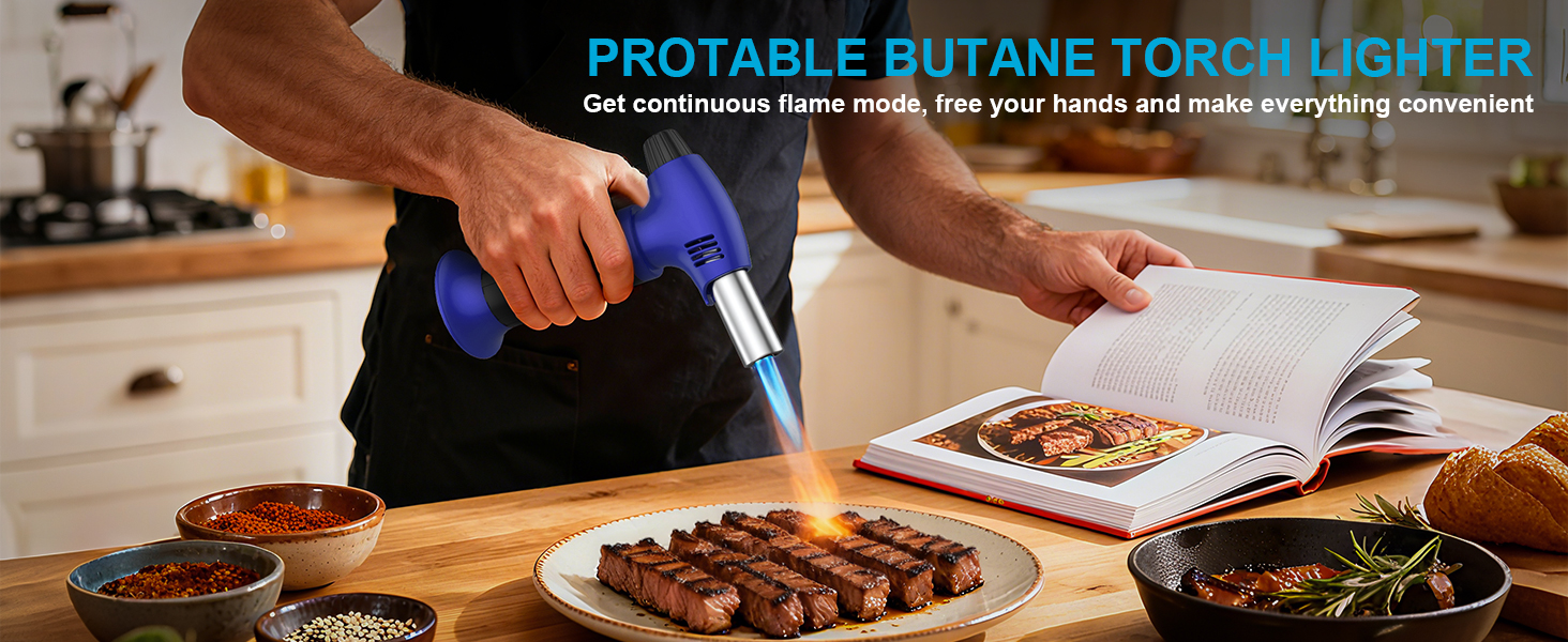 Нагрівач для крем-брюле, заправний, міні-розмір з регулюванням полум'я, для десертів, BBQ (бутан не входить) (синьо-чорний)