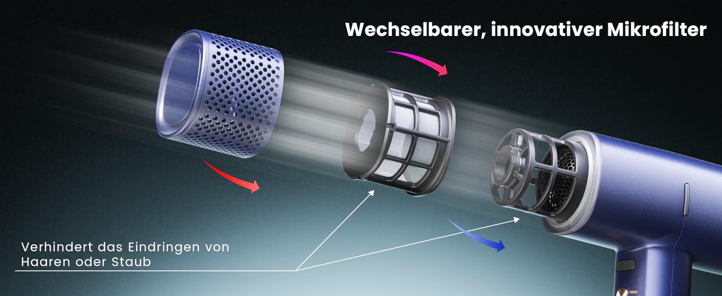Іонізатор для волосся Föhn: Швидкий фен з дифузором для жінок та чоловіків, 3 режими, 2 швидкості, чорний (блакитний)