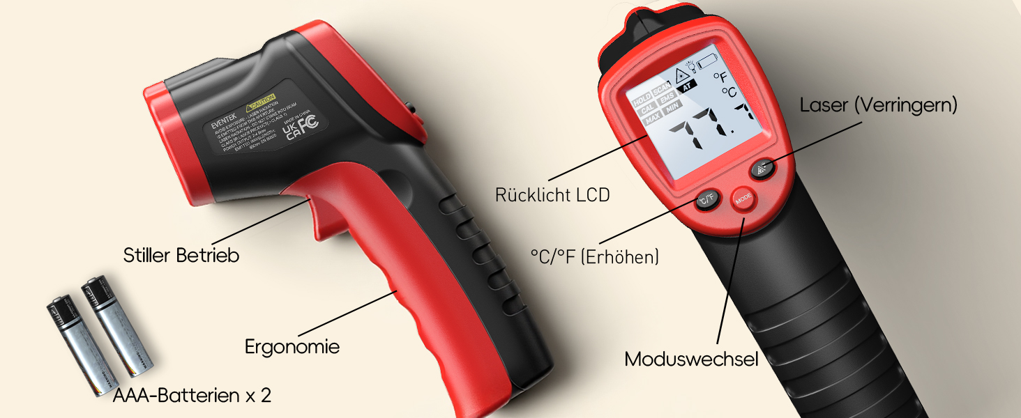 Інфрачервоний термометр Eventek -50°C до 600°C з лазером та LCD дисплеєм. Безконтактний вимірювач температури для піци, гриля, приготування їжі та промисловості. Регульований коефіцієнт випромінювання (Не для вимірювання температури тіла). Червоний колір.