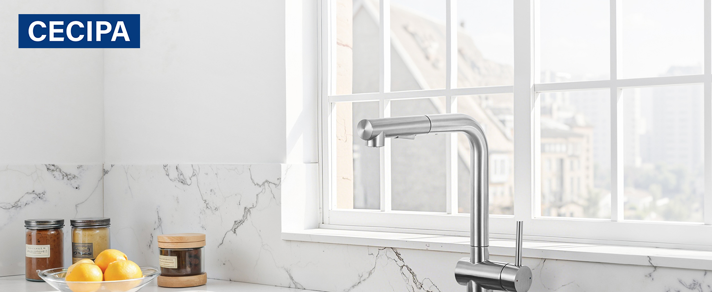 Змішувач кухонний CECIPA Hochdruck, висувний, з дозатором води, чорний, нержавіюча сталь, 360° поворот, ×207B (L-подібний, для високого тиску)