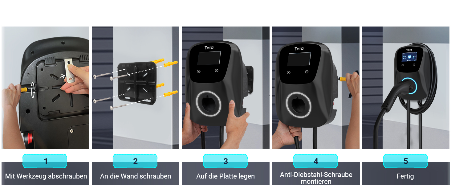 Володіння Tera EV: Смарт-зарядний пристрій 22kW/11kW з App, Typ 2, 400V, Wallbox, 7м кабель, CEE 3-фазний, для електромобілів та PHEV