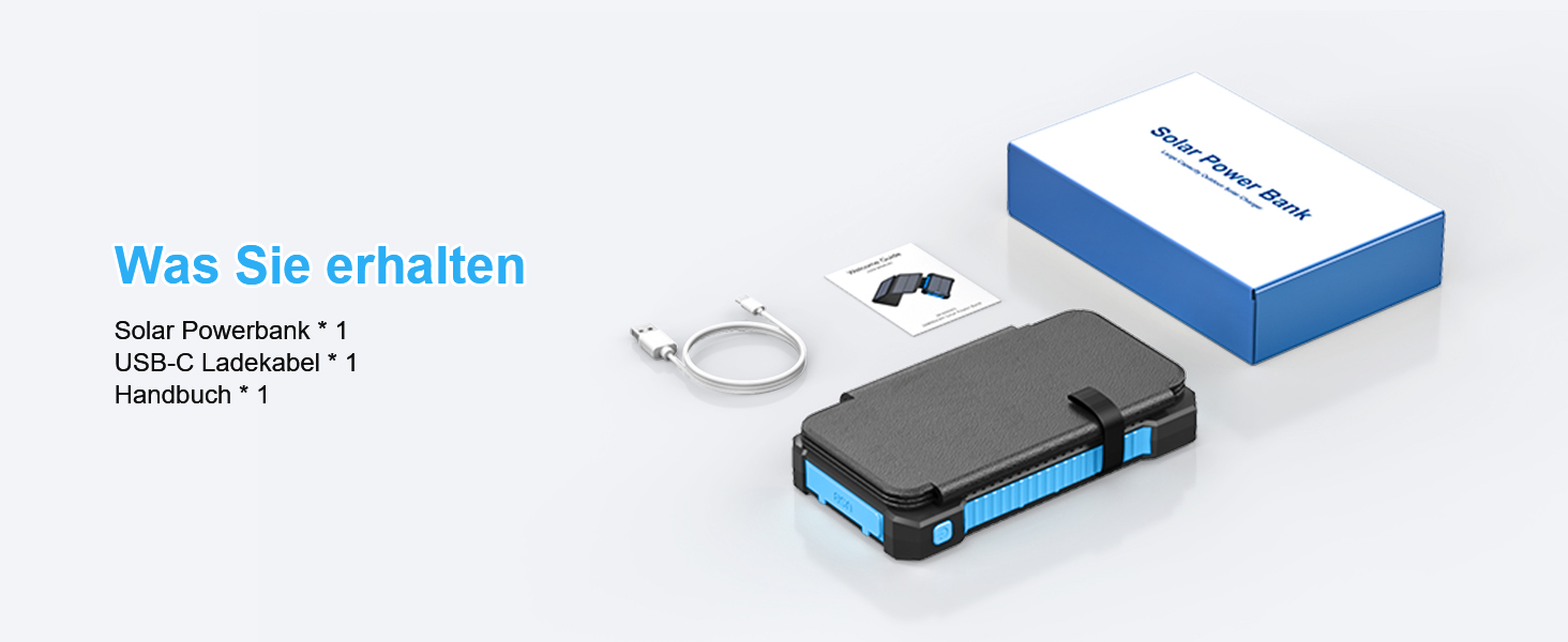 Портативний зарядний пристрій Solar Powerbank 26800 mAh з сонячною панеллю, USB-C, 18W, IPX7, водонепроникний, для iPhone, Samsung та інших, з ліхтариком (SOS, стробоскоп), блакитний