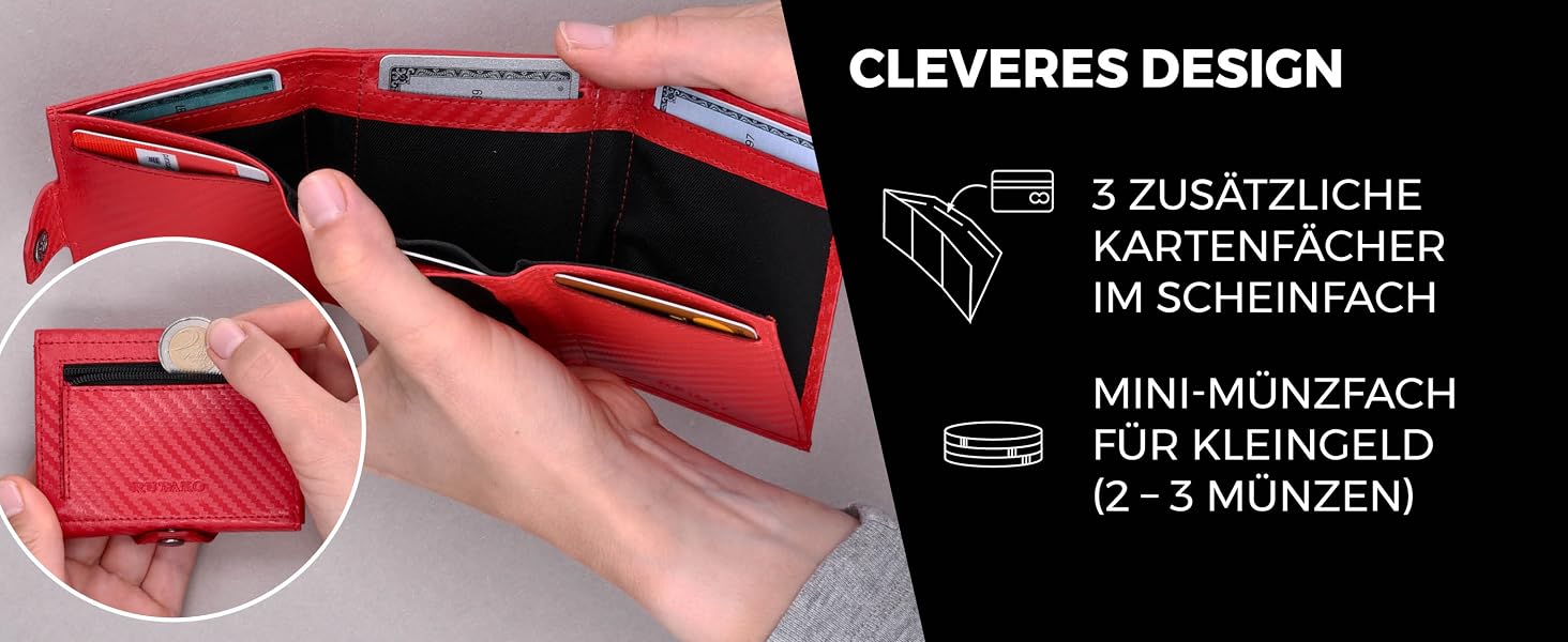 Слімий гаманець RUTAKO з RFID-захистом для чоловіків та жінок, компактний картхолдер з відділенням для монет, Carbon Red