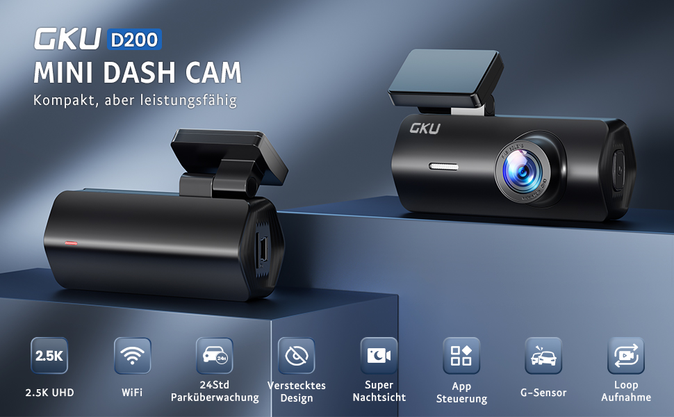 Відеореєстратор GKU Dashcam Auto: 2.5K, 1600P, WiFi, 170° Кут огляду, Mini, WDR, Нічне бачення, G-сенсор, Паркування, Loop, App, 256GB