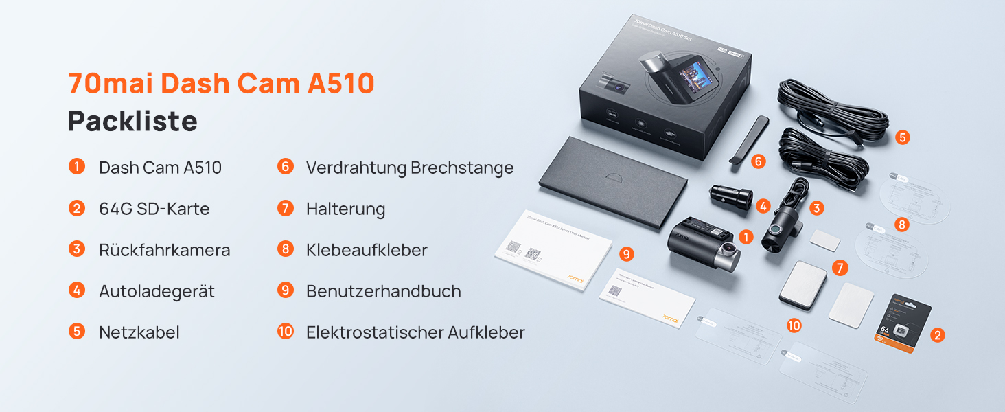 Відеореєстратор 70mai Dashcam A510 (передній+задній) 2.7K+1080P STARVIS, HDR, GPS, ADAS, 4G LTE, паркувальний режим, керування через додаток, 64GB SD карта