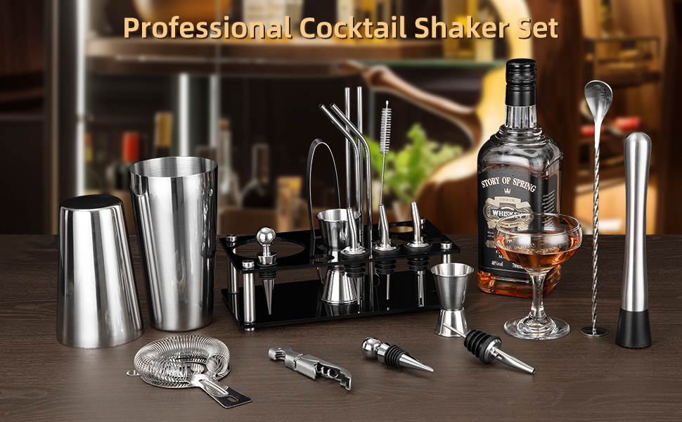 Набір для коктейлів Cinnani Boston 20 предметів - професійний міксінговий набір зі стійкою та аксесуарами для бару - шейкер та набір бармена з нержавіючої сталі - подарунковий набір