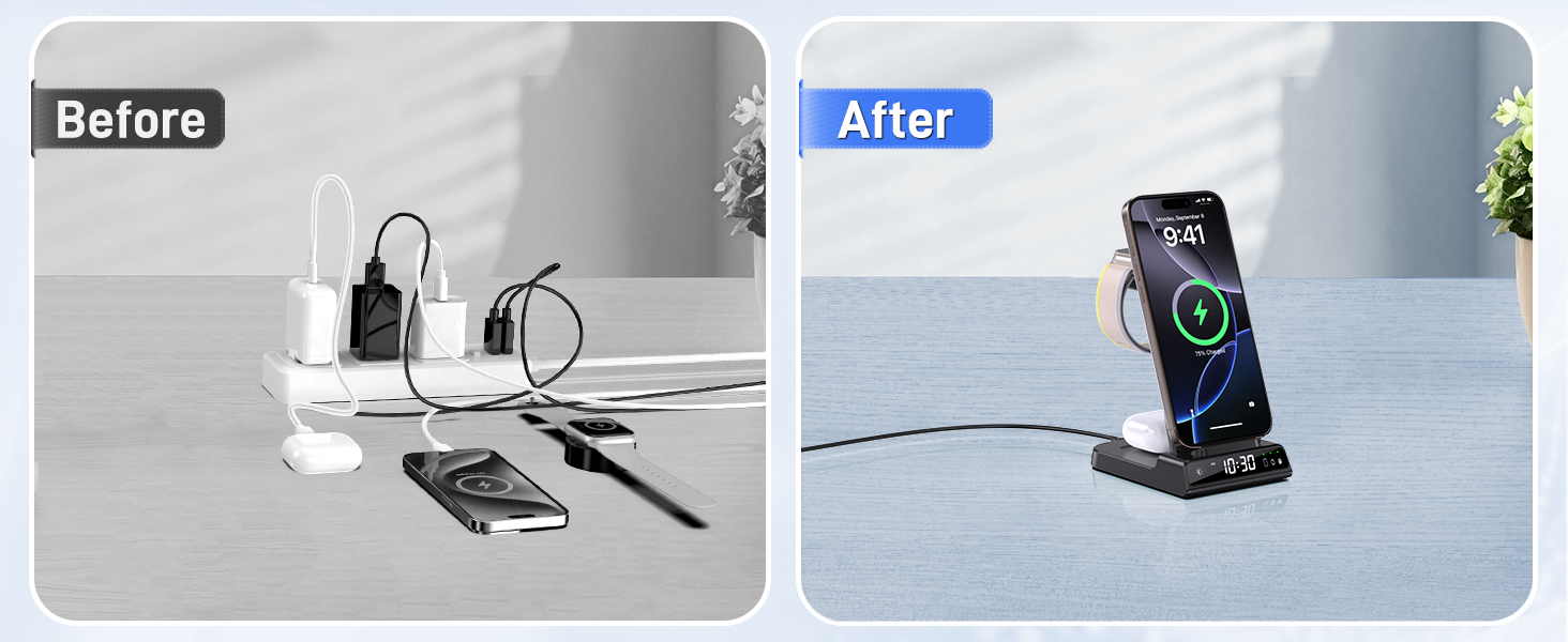 Зарядна станція 3-в-1 для Apple: iPhone 16/15/14, Apple Watch 10/9/8/7/6/SE та AirPods Pro/4. Бездротова зарядка