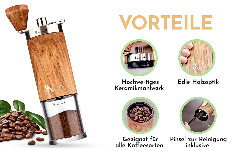 Ручна кавомолка Nuvioo з керамічним жорном, 8 ступенів помолу - для еспресо, кави, кемпінгу та відпочинку на природі