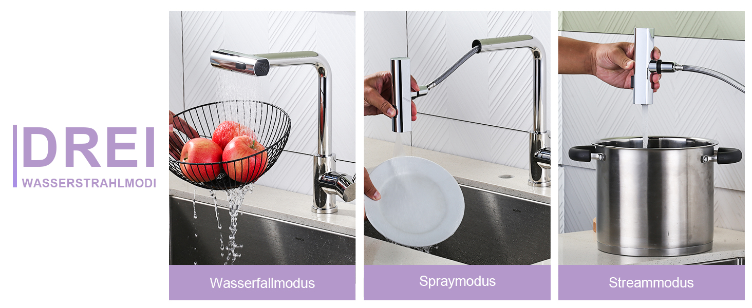 Кран кухонний iVIGA висувний з дощу, водоспад, 360° поворот, мікшер, брашований нікель