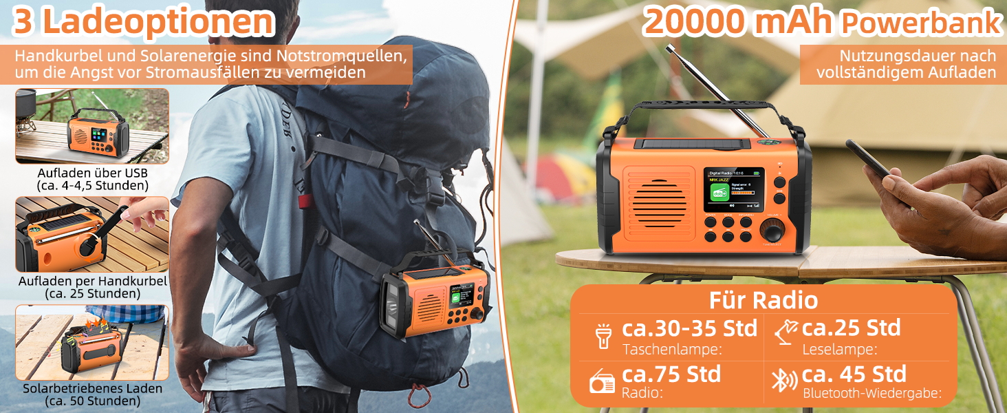Радіо з ручним приводом DAB FM, 20000mAh, Радіо для надзвичайних ситуацій з сонячною панеллю, Bluetooth, годинник, зарядний пристрій для телефону, ліхтарик, компас SOS, радіо виживання (Помаранчевий)