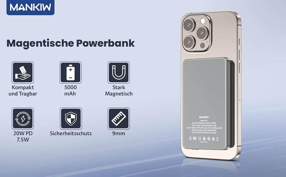Powerbank MANKIW MagSafe 5000mAh: Бездротова зарядка 20W, підтримка iPhone 17/16/15/14/13/12 та MagSafe Case