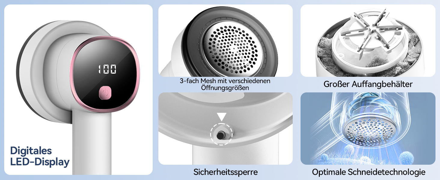 Електричний видалення ворсу з LED-дисплеєм - 6 лез з нержавіючої сталі, 3 швидкості, USB-зарядка. Підходить для одягу, пледів, диванів та постільної білизни (білий)