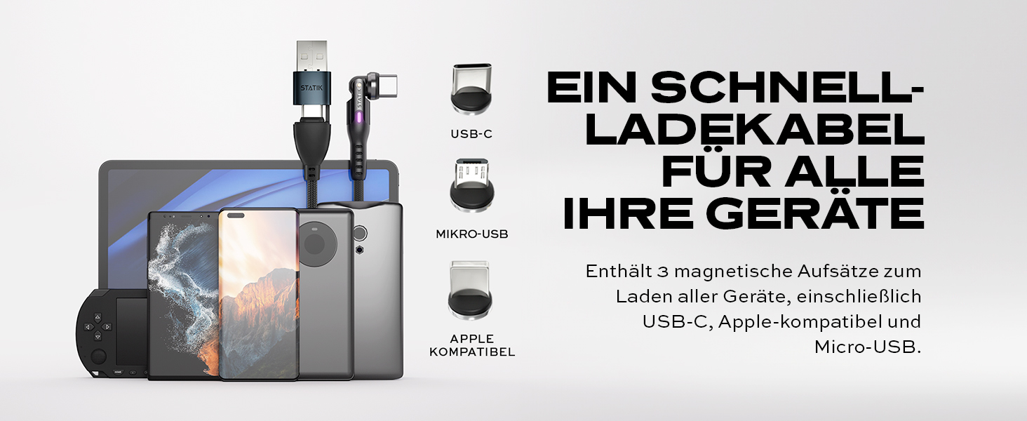 Кабель Statik 360 Pro: магнітний, 3-в-1, USB-C, Micro-USB, USB-A, кут повороту 90°, 180°, 360°, 1м, iProdukt