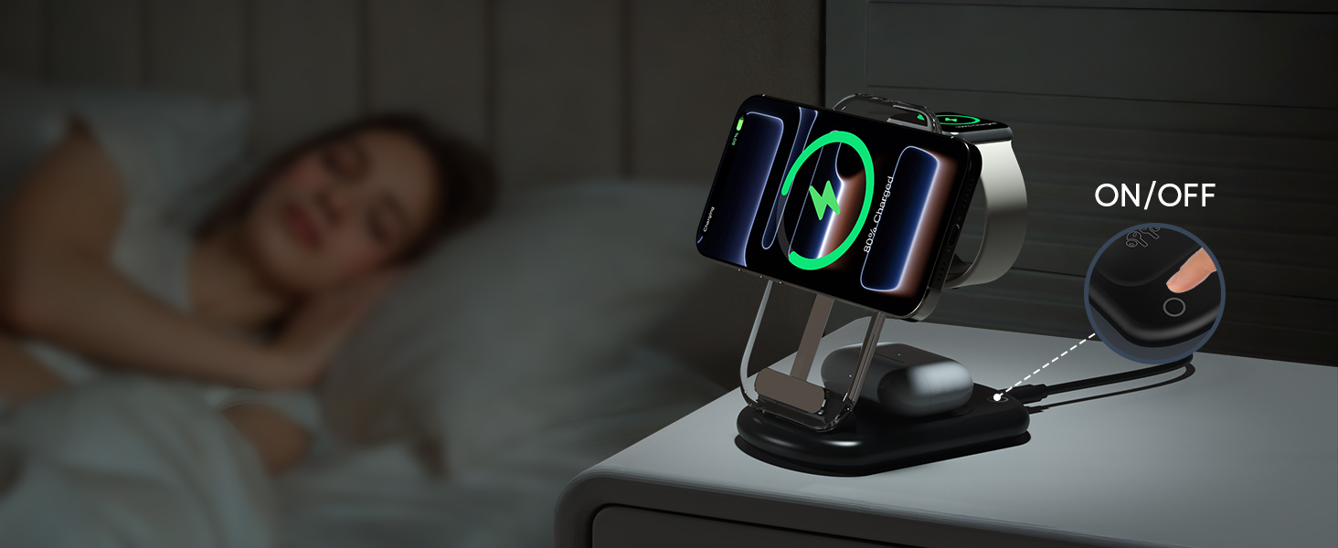 Зарядний пристрій MagSafe 3-в-1 для iPhone 17/16/15/14/13/12 Pro Max/Air/Plus/Pro та Apple Watch 10/9, AirPods 3/2/Pro, чорний