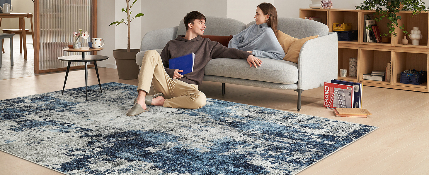 Килим для вітальні 160x230 см, блакитний, вінтажний, з коротким ворсом, абстрактний дизайн, легко миється, антиковзаючі килими для спальні
