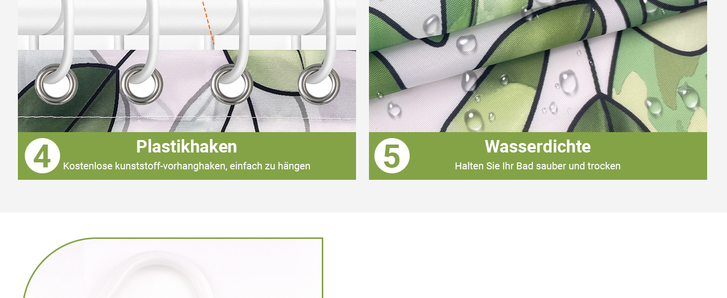 Штора для душу 200x200 см, зелені листки, антигрибкова, текстильна, водовідштовхувальна, поліестер, з кільцями (1 шт)