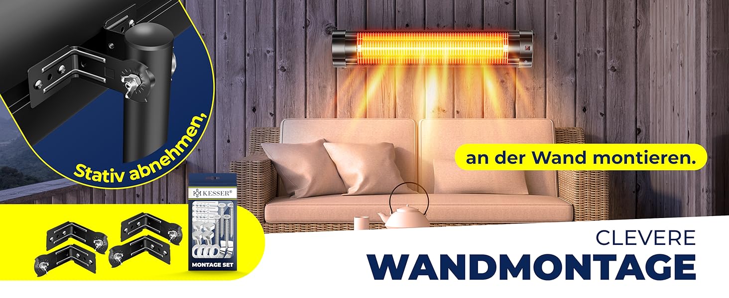 Інфрачервовий обігрівач KESSER® 2500W з пультом керування, 3 режими, миттєвий нагрів, кріплення на стіну, для тераси, кварцовий, з захисним чохлом, таймер, антрацит