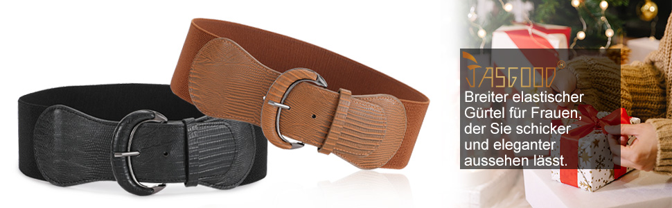 Жіночий широкий еластичний ремінь JasGood 2 шт. для суконь та джинсів. Колір: чорний/коричневий. Розмір M (76-90 см)