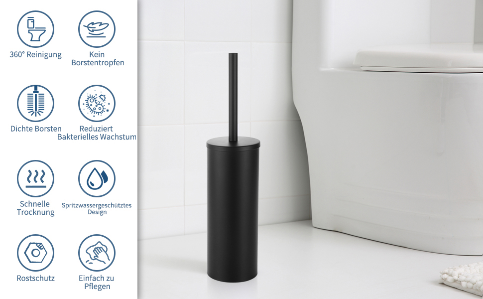 Набір для чищення унітазу Fiisayl: щітка та тримач з нержавіючої сталі, чорний колір
