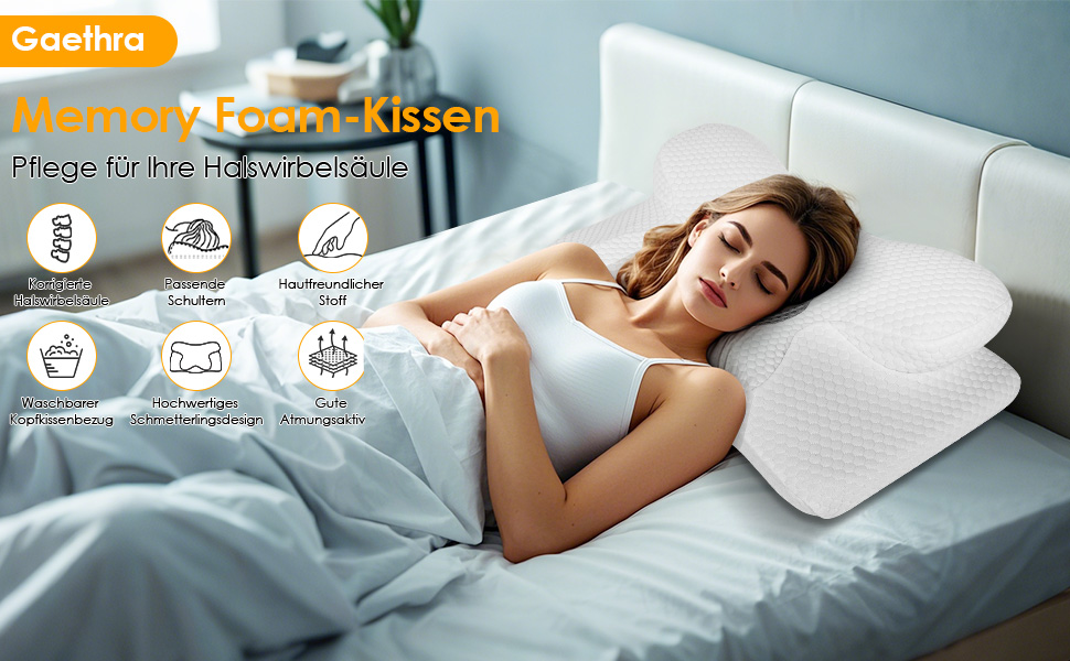 Ортопедична подушка Gaethra з Memory Foam для шиї, регульована висота, 63 x 34 x 9/12 см, білий