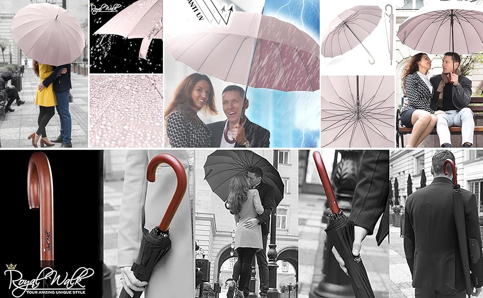 Royal Walk Automatic Travel Golf Umbrella - 54 inch / 137cm - Windproof, Waterproof, Large Size for 2 People - Classic Design with Wooden Handle - Unisex
