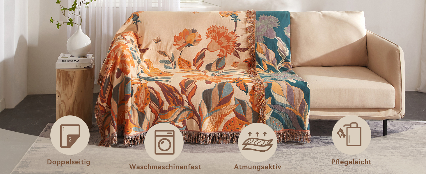 Богемна ковдра Softexly Boho Decke 100% бавовна – двостороння муслінова ковдра 150x200 см, м'яка софа та покривало для ліжка, естетичний дизайн, ідеально підходить для вітальні та спальні, помаранчевий/зелений, Blütentraum