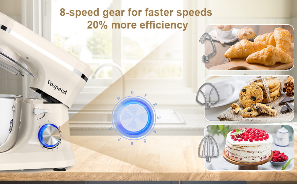 Кухонна машина/міксер Vospeed 1000W з чашею з нержавіючої сталі, 5QT, 8 швидкостей, набір насадок (біла)