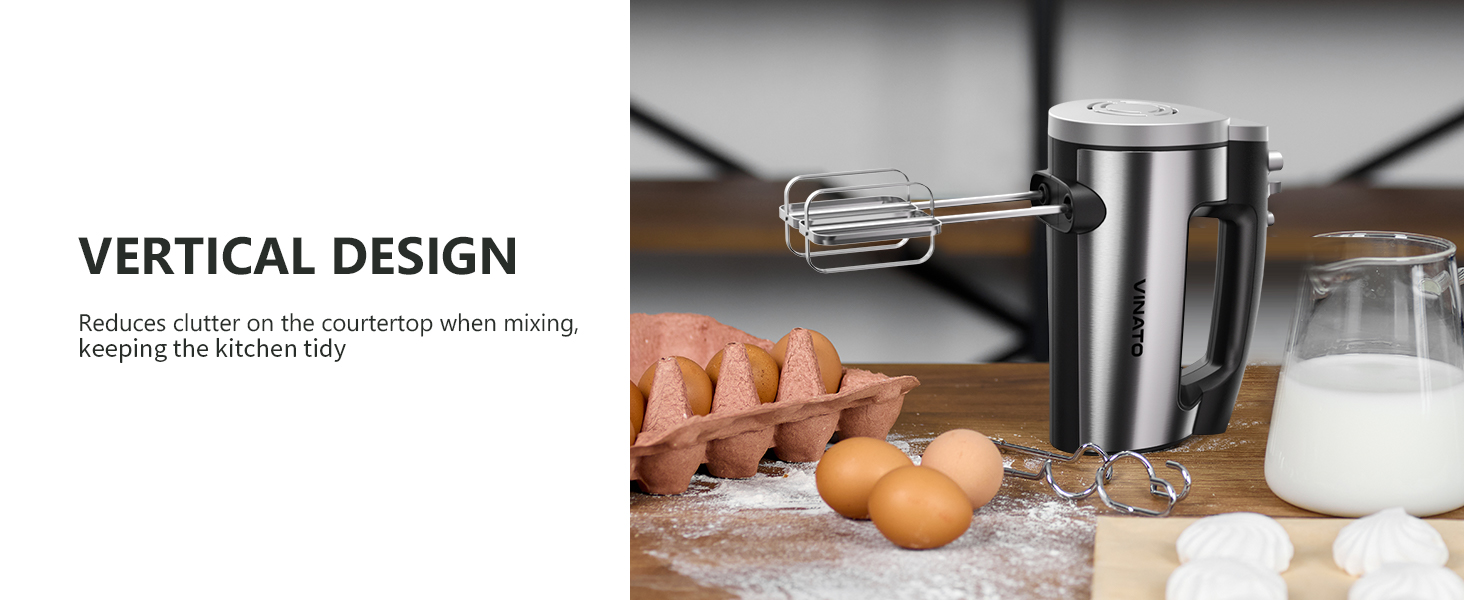 Електричний міксер VINATO 300W з 6 швидкостями, 2 насадки (венчик та гак) | Для тіста, яєць, збивання вершків, випічки | Потужний, захист від перегріву (чорний)