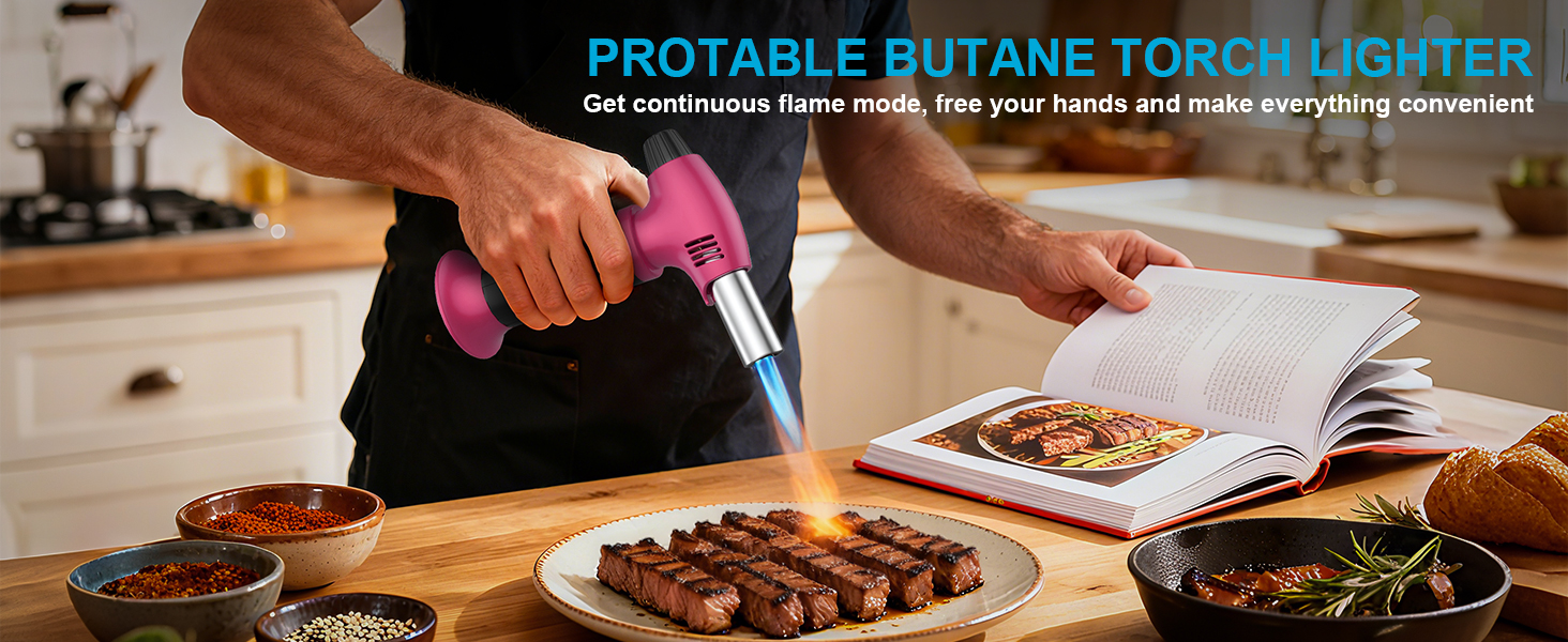 Нагрівач для крем-брюле, перезавантажуваний, рожево-чорний. Міні-нагрівач з безпечним закриттям та регульованим полум'ям для десертів, крем-брюле, барбекю. (Бутан не входить до комплекту)