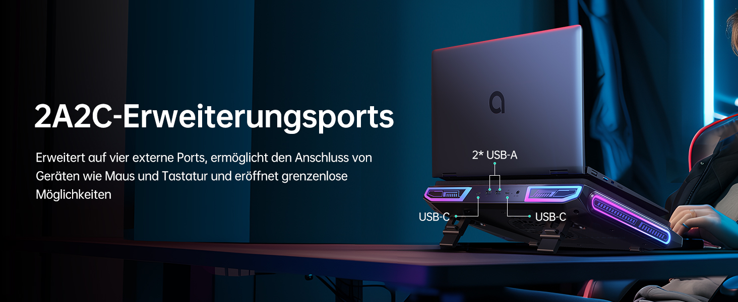 Підставка охолодження для ноутбука RGB з потужним вентилятором 4.72'', швидке охолодження для комп'ютерів 13-17,3'', керування клавішами, 3 регульовані підставки, 4-портовий USB C&A, чорний