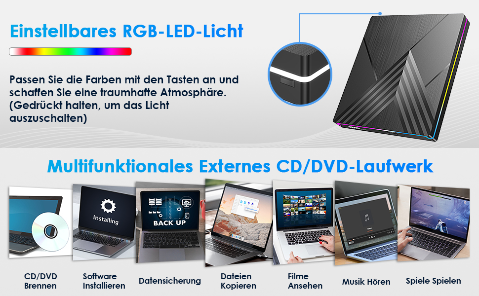 Зовнішній DVD-привід з RGB-підсвіткою, USB 3.0 та Type-C, CD/DVD+/-RW записувач та плеєр для PC, Laptop, MacBook (Windows, macOS, Linux)