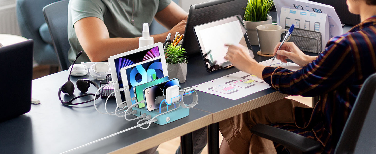 Зарядна станція SooPii USB 60W/12A, 6 портів, органайзер для декількох пристроїв з тримачем для Apple Watch, 6 кабелів (синій)