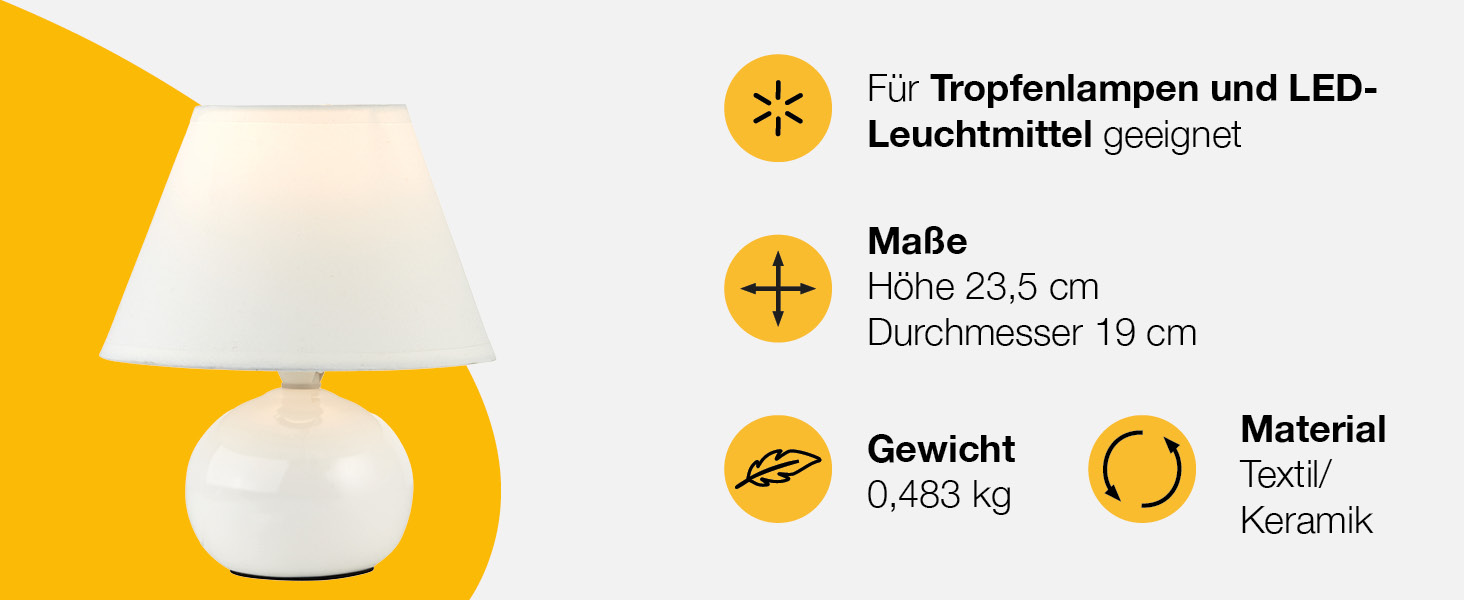 BRILLIANT Primo: стильна настільна лампа з тканинним абажуром – маленька лампа для нічного столика, спальні та вітальні – патрон E14 та вимикач – білий