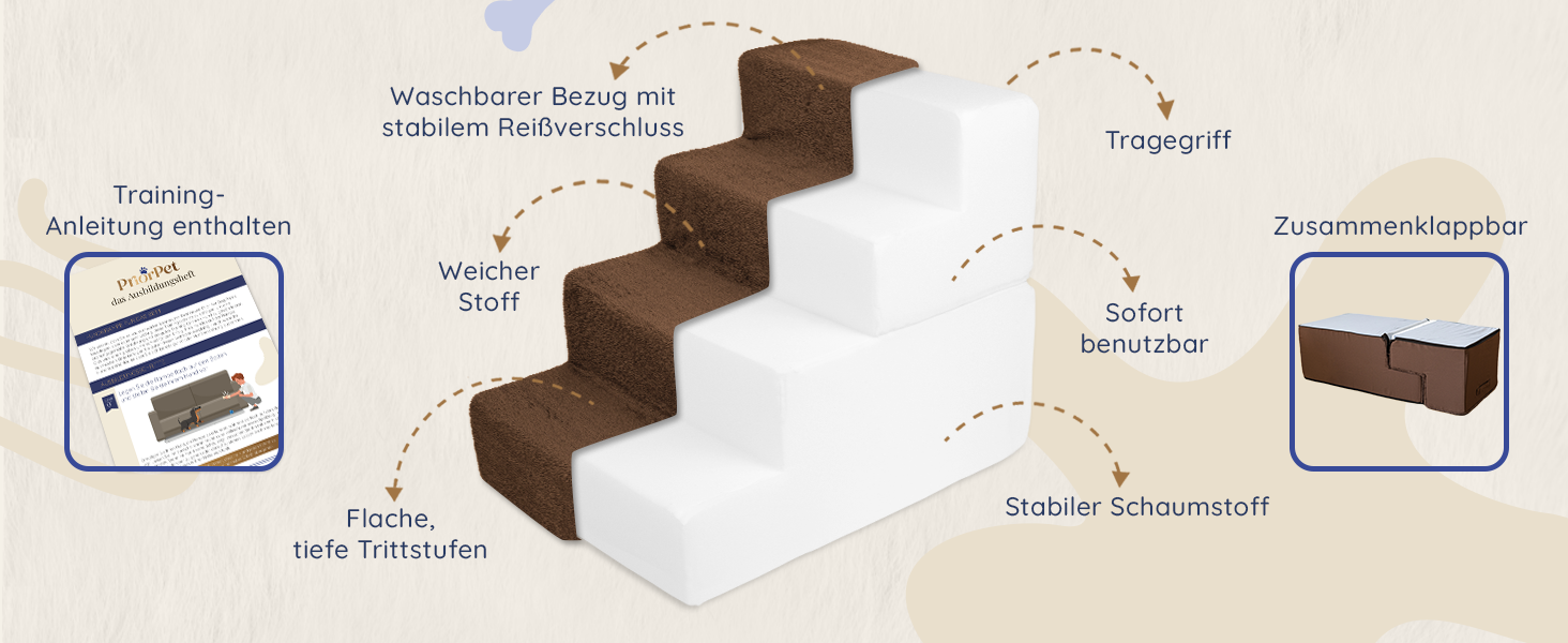 Сходинки для собак на ліжко та диван - 4 сходинки, 58 см - з піносподуху, для маленьких собак, безпечні та стабільні, знімний та пральний чохол, світло-сірий (4-Brown)