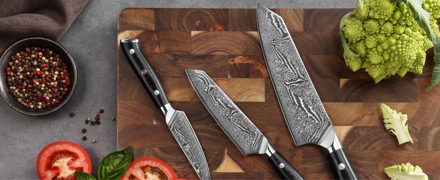 Японський ніж Wakoli Nitoko Santoku 18 см з дамаської сталі (67 шарів) VG10, HRC 60, G10 руків'я, Full Tang, для чистих нарізок, у подарунковій коробці