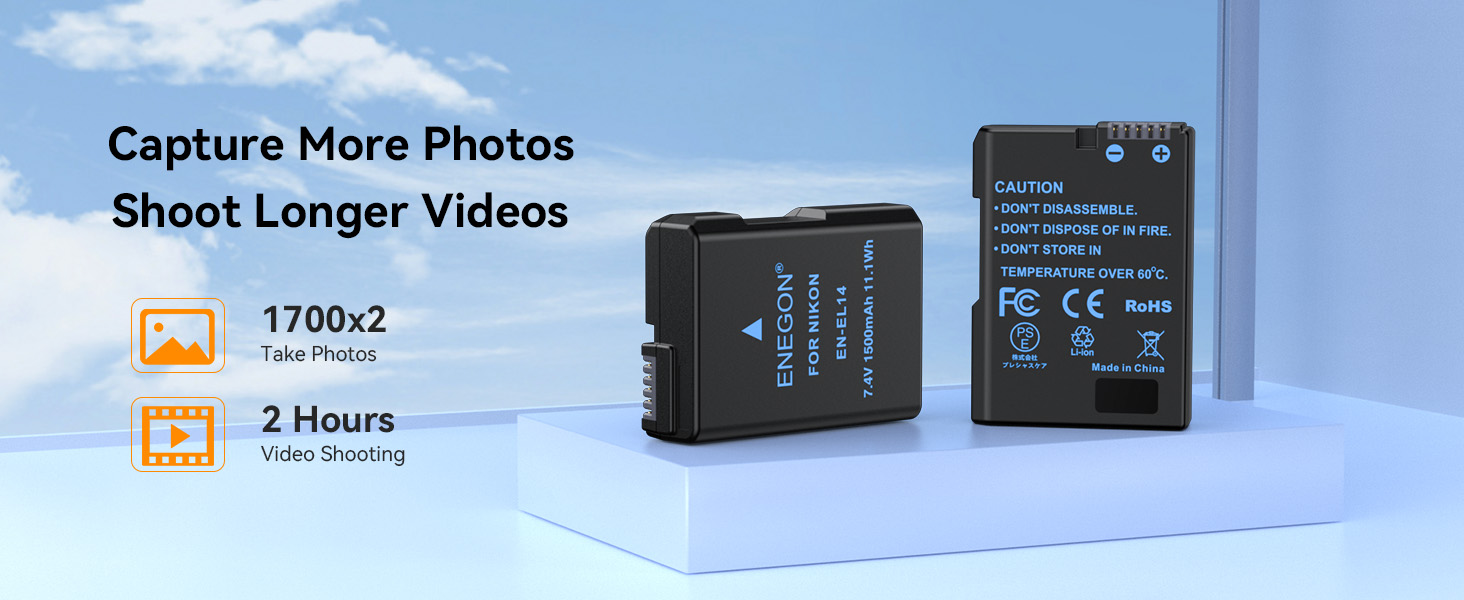 Запасний акумулятор ENEGON EN-EL14/EL14a (2 шт.) та розумне LED Dual USB зарядне пристрій для Nikon DSLR D3100, D3200, D3300, D3400, D3500, D5100, D5200, D5300, D5500, D5600, DF Coolpix P7000, P7100, P7700, P7800