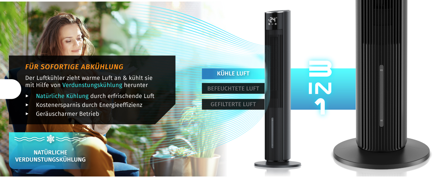 Вентилятор вежа Brandson ECO GREEN з водяним охолодженням, WiFi, керуванням Alexa – мобільний кондиціонер, чорний матовий