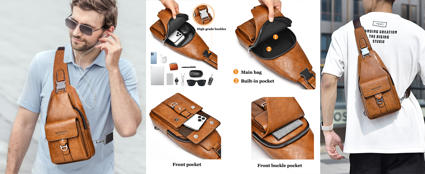Чоловіча нагрудна сумка через плече з PU-шкіри, водонепроникна, світло-коричнева