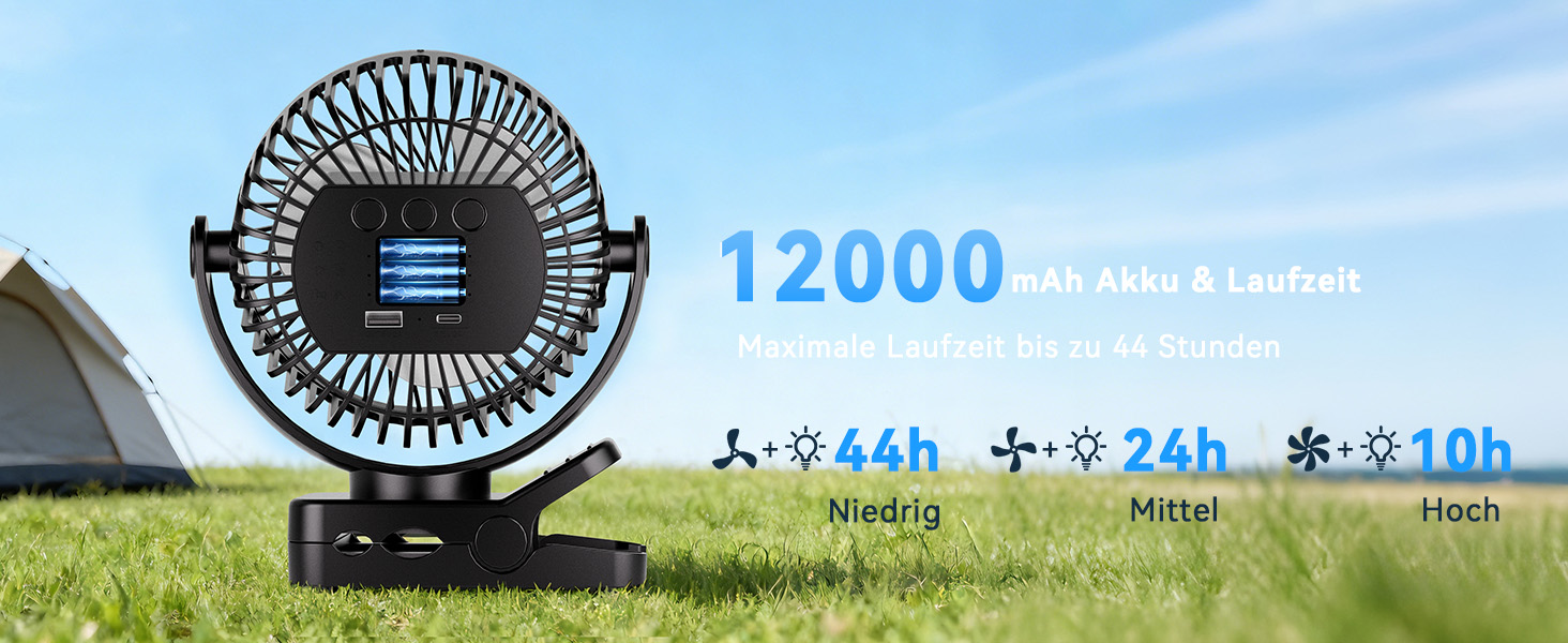 Вентилятор USB настільний з акумулятором 12000mAh, кліпсовий кемпінговий з пультом, світлом та таймером, 3 швидкості, до 44 год роботи