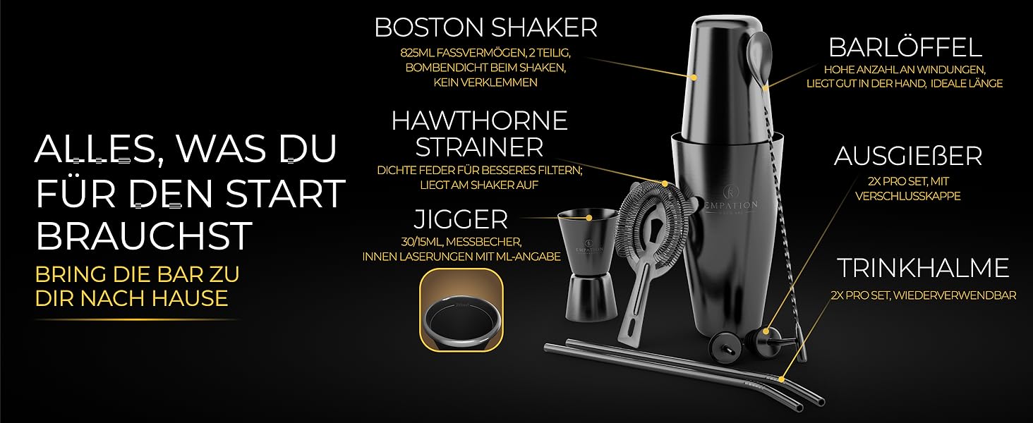 Набір для коктейлів EMPATION: професійний шейкер Boston, 8 предметів, 825 мл, нержавіюча сталь, чорний