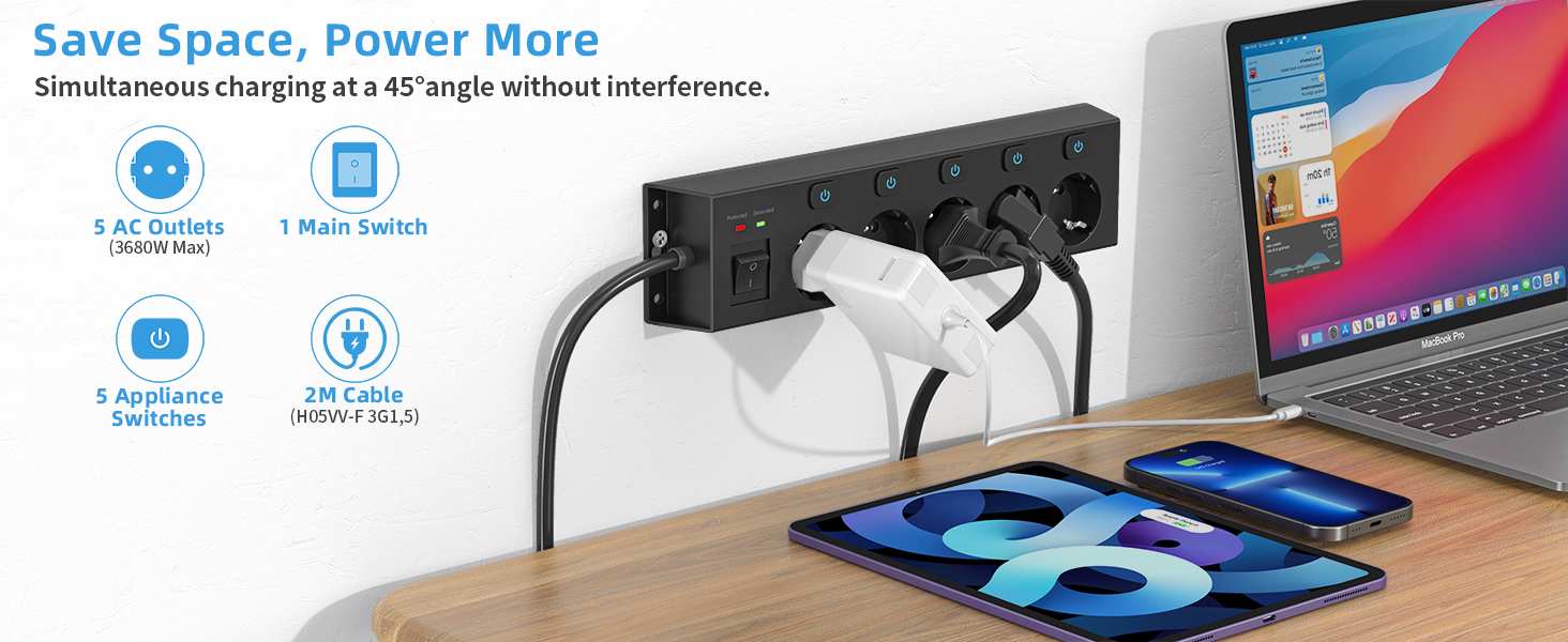 Мережевий фільтр Steckdoseleiste 5-fach з вимикачами, захистом від перенапруги 1050J, для дому та офісу, 2м кабель (чорний)