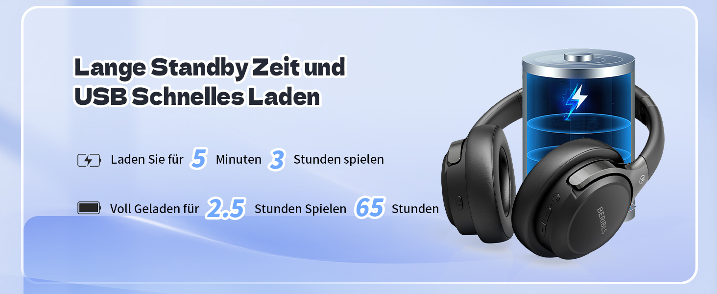 BERIBES Бездротові навушники Over-Ear Bluetooth з мікрофоном, 65 годин роботи, 6 EQ-режимів, HiFi Stereo, чорний